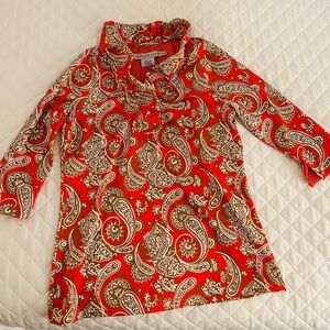 Gretchen Scott Designs Red Brown Paisley Ruffle-Neck Blouse
